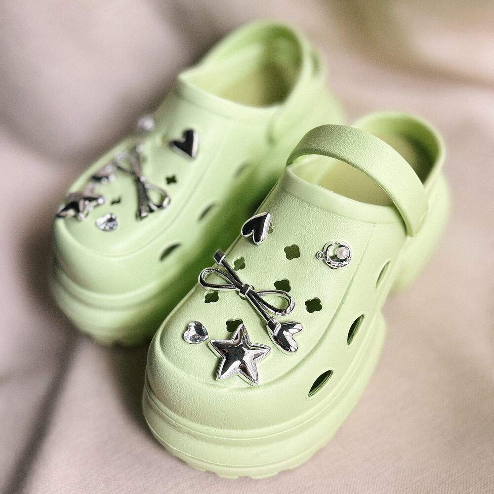 Harajuku Sage Green Platform Crocs, Silver Charm Coquette, Tokyo